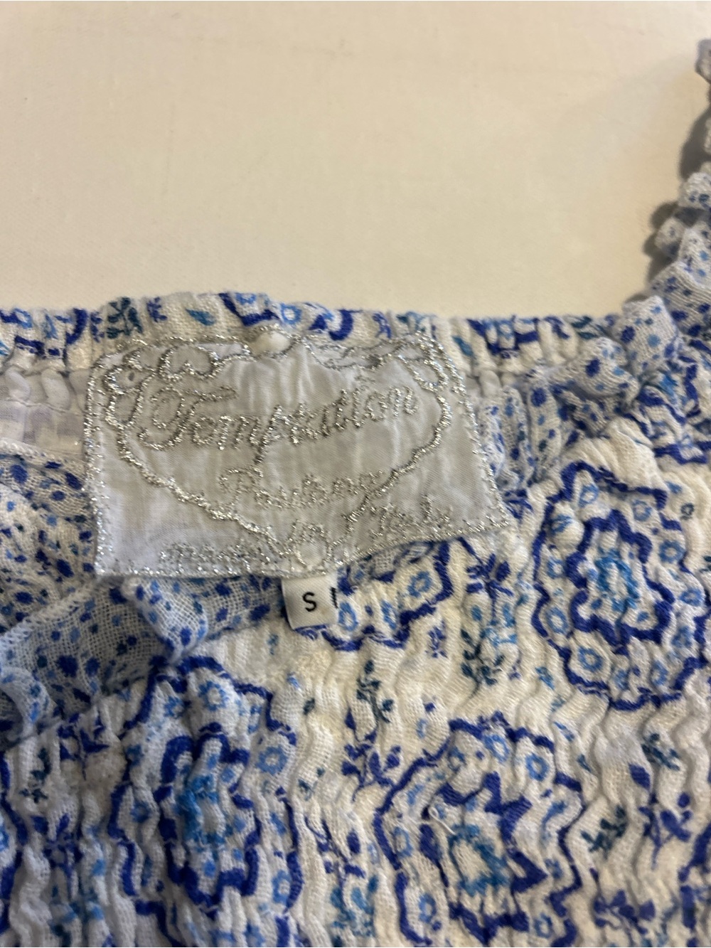 Temptation Positano Blue & White 100% Linen Smocked Puff Sleeve Crop Top Women’s - Picture 9 of 10